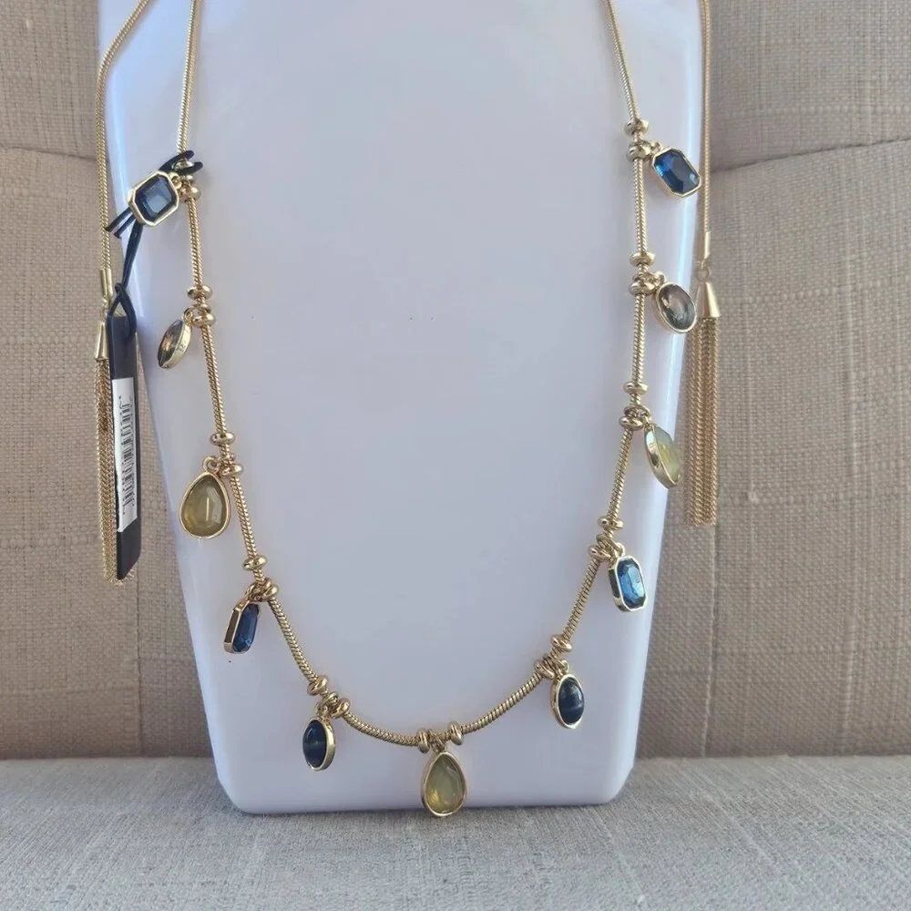 Nordstrom Women Necklace Gold Tone Blue and Yellow Tone Faux Stone Fashion New